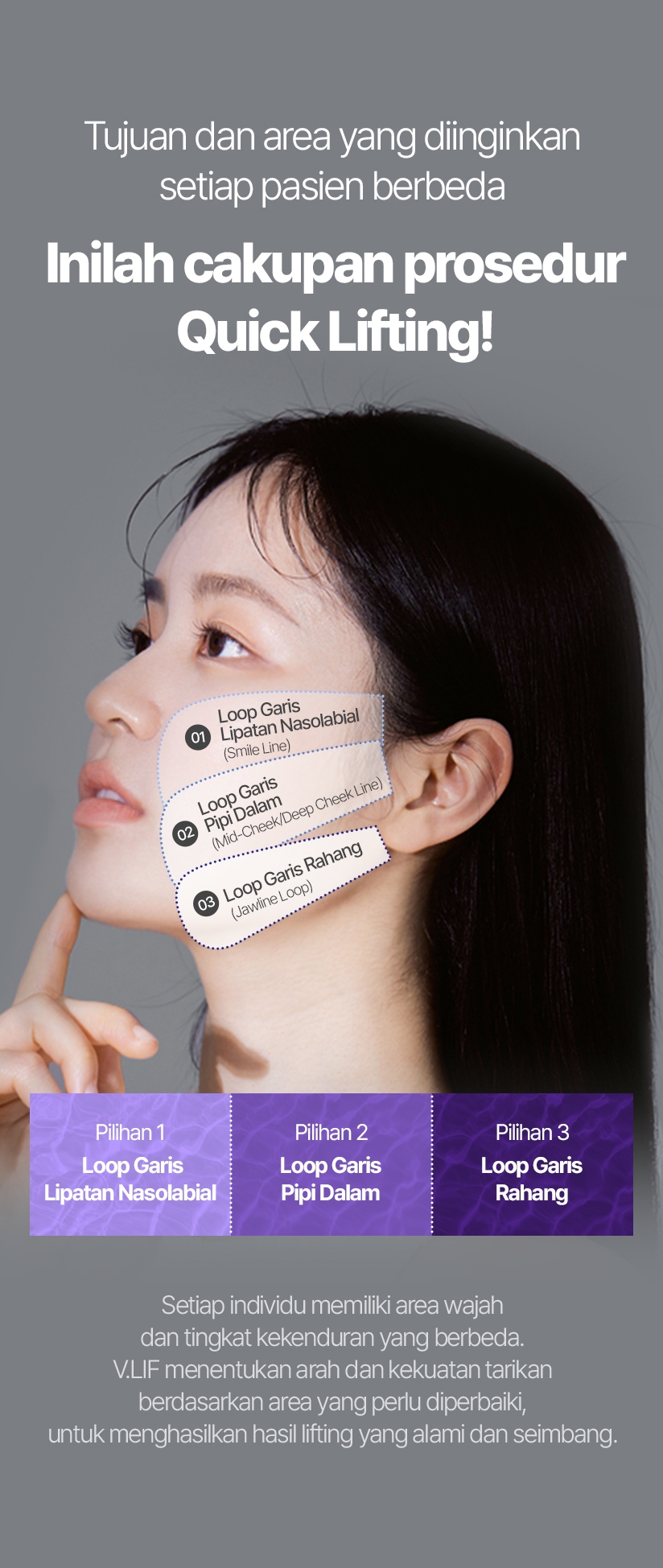 Tujuan dan area yang diinginkan setiap pasien berbeda Inilah cakupan prosedur Quick Lifting! Pilihan 1 Loop Garis Lipatan Nasolabial Pilihan 2 Loop Garis Pipi Dalam Pilihan 3 Loop Garis Rahang Setiap individu memiliki area wajah dan tingkat kekenduran yang berbeda. V.LIF menentukan arah dan kekuatan tarikan berdasarkan area yang perlu diperbaiki, untuk menghasilkan hasil lifting yang alami dan seimbang. Loop Garis Lipatan Nasolabial (Smile Line) Loop Garis Pipi Dalam (Mid-Cheek/Deep Cheek Line) Loop Garis Rahang (Jawline Loop)