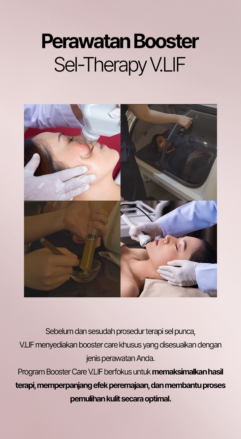 Perawatan Booster Sel-Therapy V.LIF Sebelum dan sesudah prosedur terapi sel punca, V.LIF menyediakan booster care khusus yang disesuaikan dengan jenis perawatan Anda. Program Booster Care V.LIF berfokus untuk memaksimalkan hasil terapi, memperpanjang efek peremajaan, dan membantu proses pemulihan kulit secara optimal.