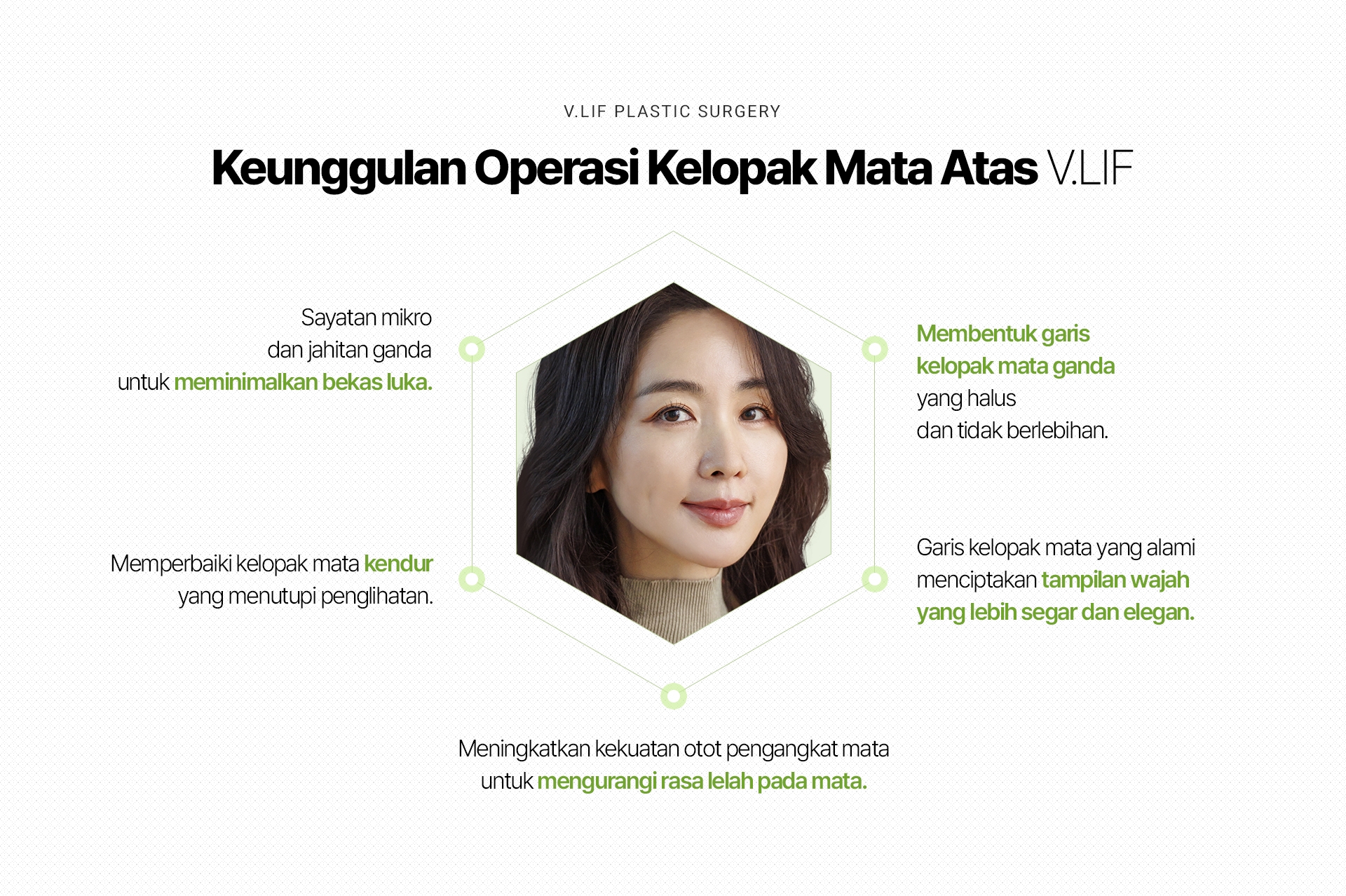 V.LIF PLASTIC SURGERY Keunggulan Operasi Kelopak Mata Atas V.LIF Sayatan mikro dan jahitan ganda untuk meminimalkan bekas luka. Membentuk garis kelopak mata ganda yang halus dan tidak berlebihan. Memperbaiki kelopak mata kendur yang menutupi penglihatan. Garis kelopak mata yang alami menciptakan tampilan wajah yang lebih segar dan elegan. Meningkatkan kekuatan otot pengangkat mata untuk mengurangi rasa lelah pada mata.
