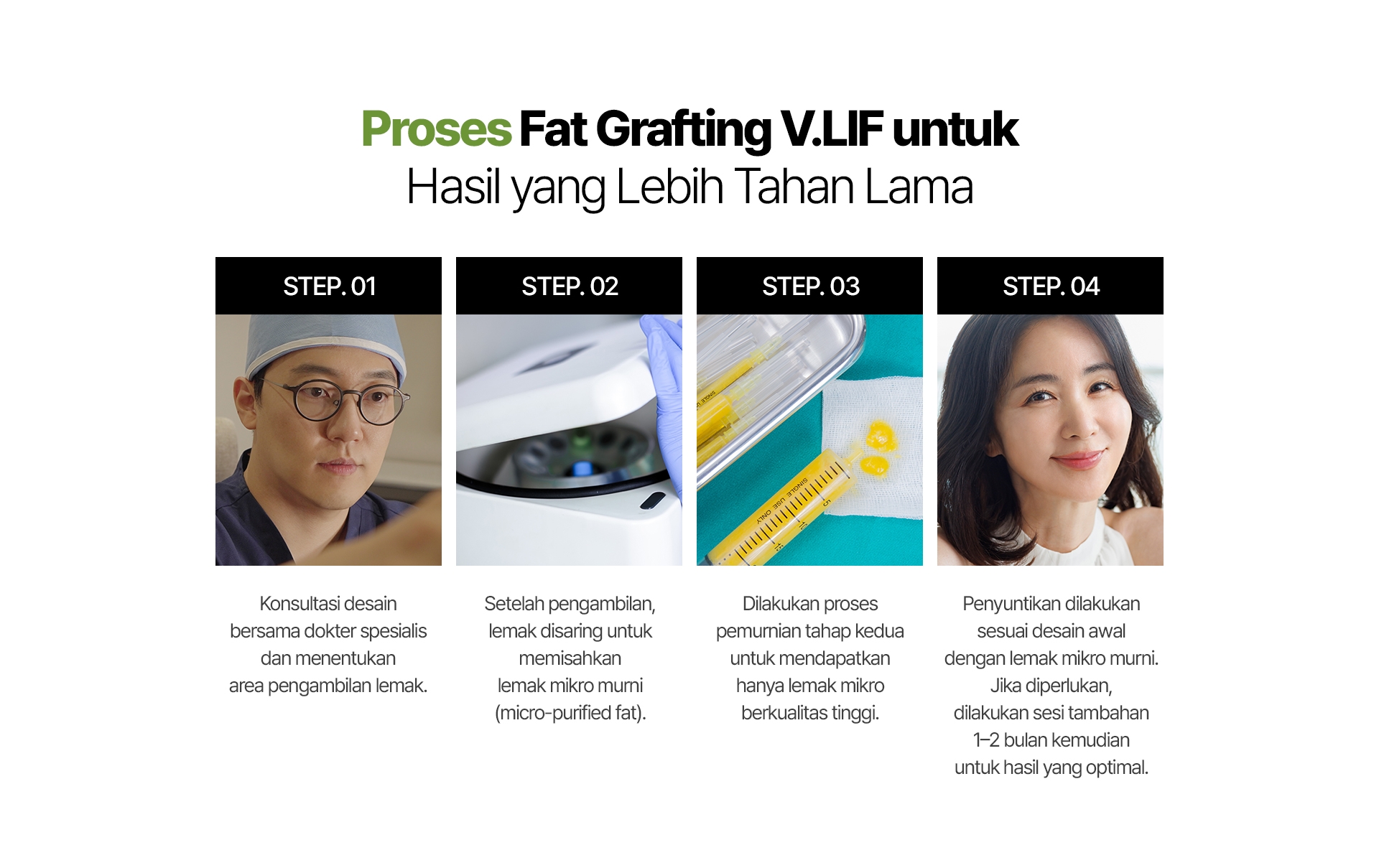 Proses Fat Grafting V.LIF untuk Hasil yang Lebih Tahan Lama STEP. 01 Konsultasi desain bersama dokter spesialis dan menentukan area pengambilan lemak. STEP. 02 Setelah pengambilan, lemak disaring untuk memisahkan lemak mikro murni (micro-purified fat). STEP. 03 Dilakukan proses pemurnian tahap kedua untuk mendapatkan hanya lemak mikro berkualitas tinggi. STEP. 04 Penyuntikan dilakukan sesuai desain awal dengan lemak mikro murni. Jika diperlukan, dilakukan sesi tambahan 1–2 bulan kemudian untuk hasil yang optimal.
