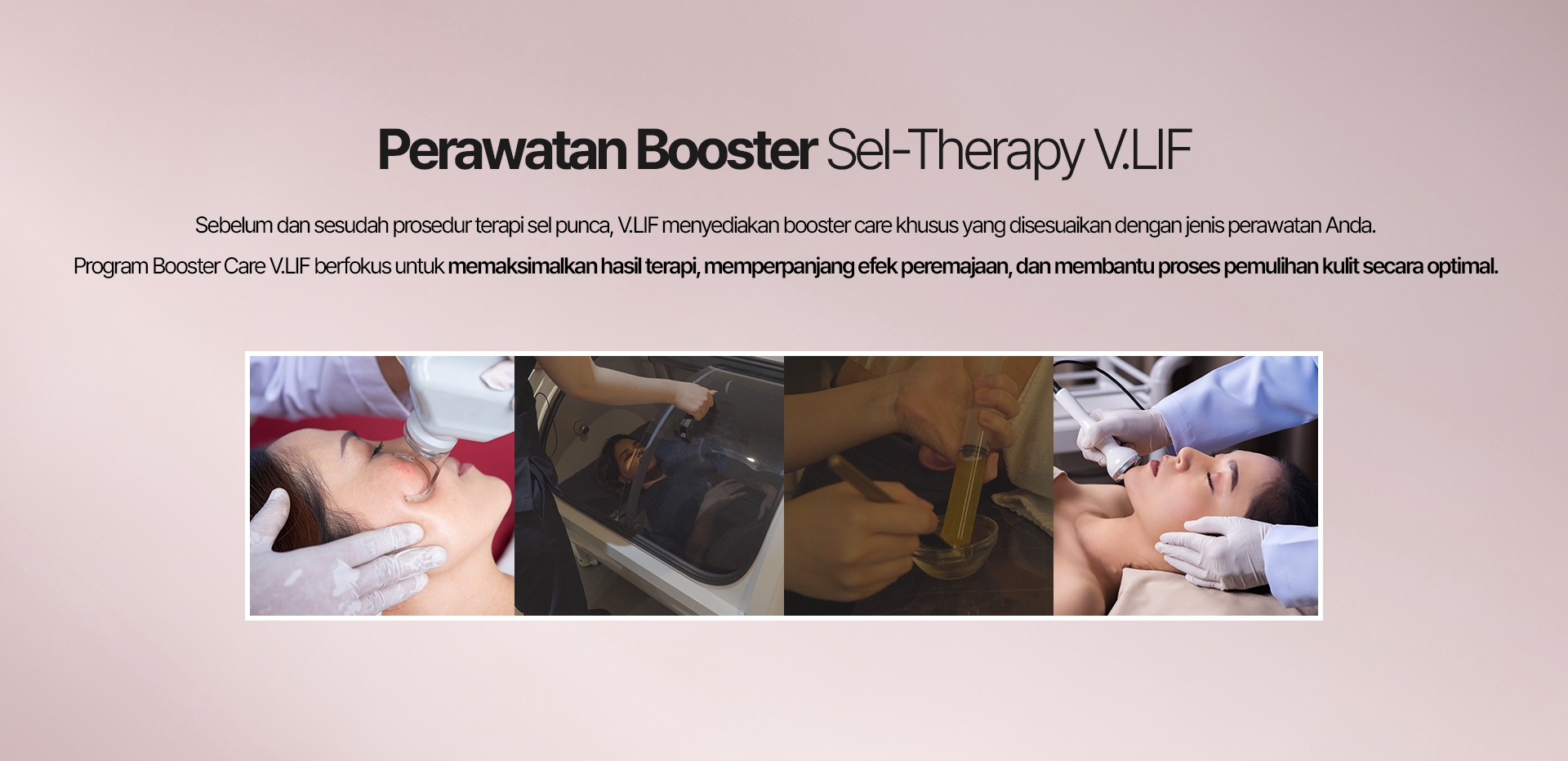 Perawatan Booster Sel-Therapy V.LIF Sebelum dan sesudah prosedur terapi sel punca, V.LIF menyediakan booster care khusus yang disesuaikan dengan jenis perawatan Anda. Program Booster Care V.LIF berfokus untuk memaksimalkan hasil terapi, memperpanjang efek peremajaan, dan membantu proses pemulihan kulit secara optimal.
